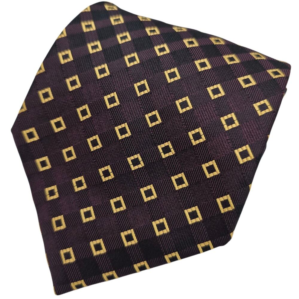 Bocara Mens Tie Burgundy Gold Geometric Foulard Silk XL Handmade Necktie XL 60"